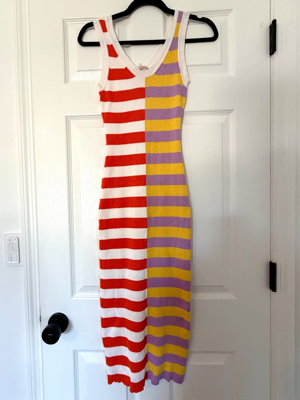 Ribbed Knit 2 Tone Contrast Striped Bodycon Midi Dress